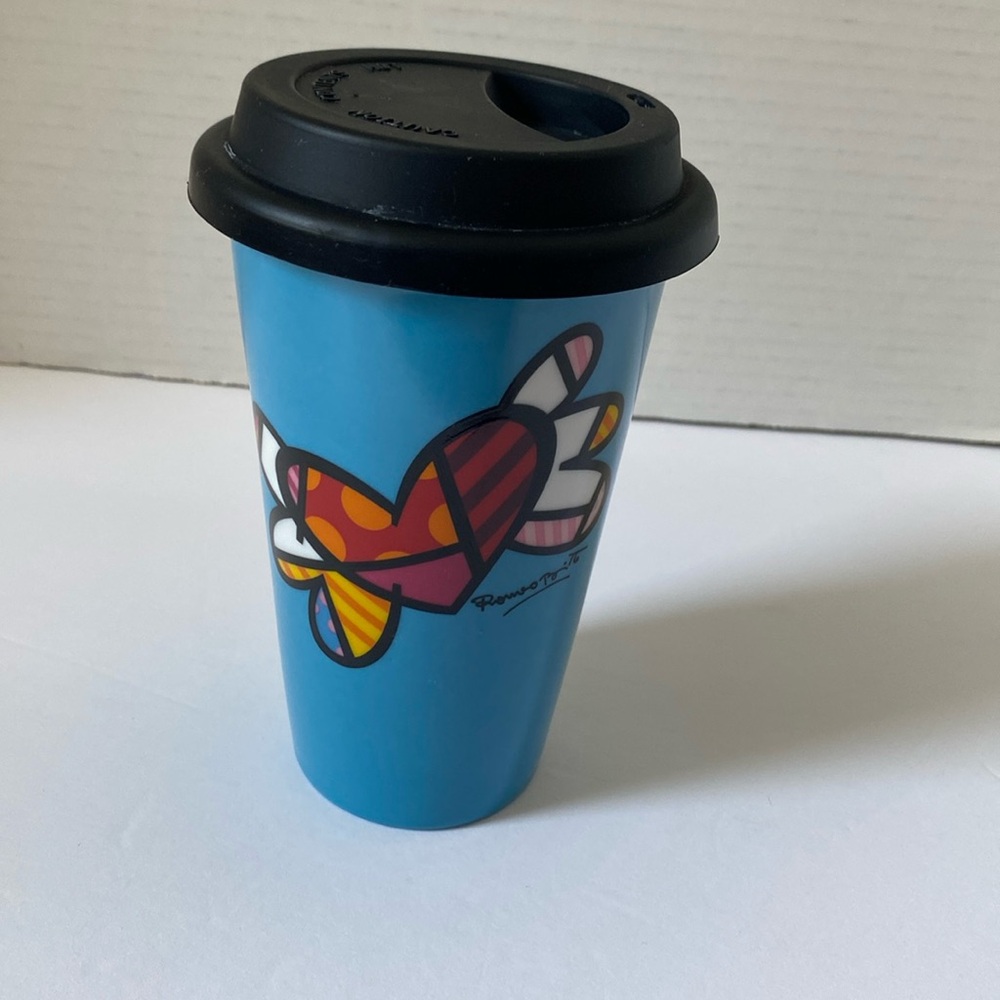 2012 Romero Britto Porcelain Travel Mug 9.5 ounce Flying Heart